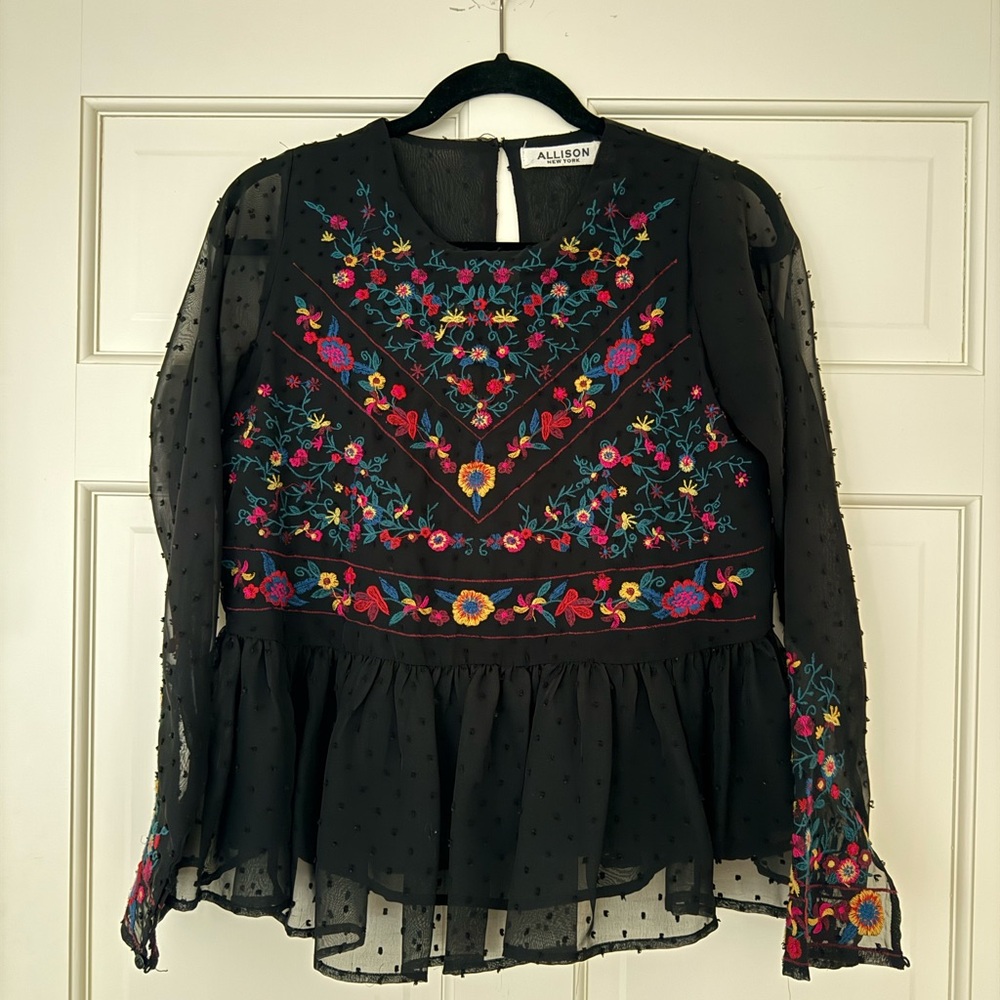 Allison New York Sheer Floral-Embroidered Black Top